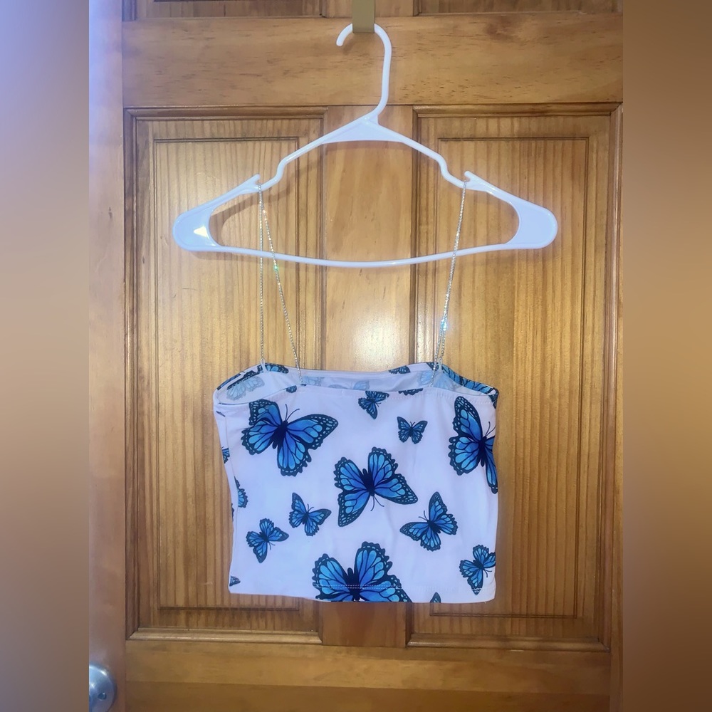 Size S white tank w/ blue butterfly print, diamond straps